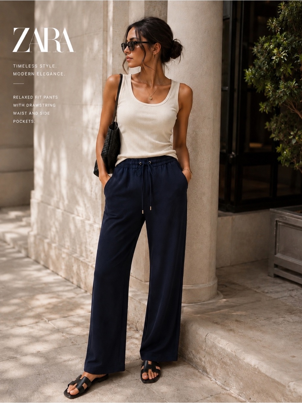 ZARA Navy Relaxed Drawstring Pants | Coastal Quiet Luxury Wide Leg Trousers